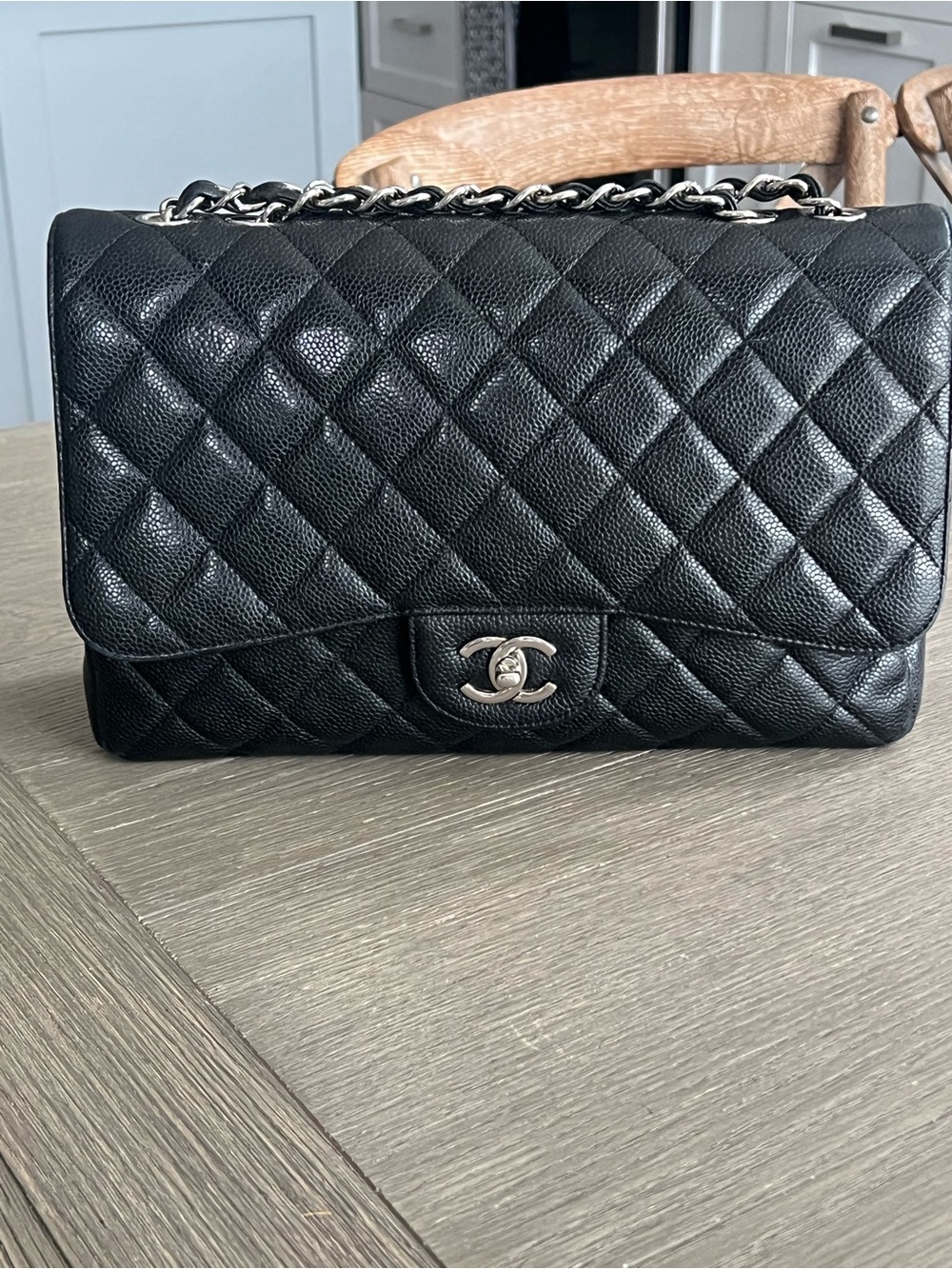 CHANEL Black Quilted Caviar Jumbo Flap Bag with Silver CC